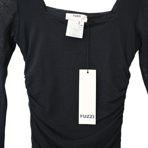 Fuzzi Ruched Bodycon Dress Size M Medium Black Long Sleeve Square Neck Mesh - Picture 8 of 8